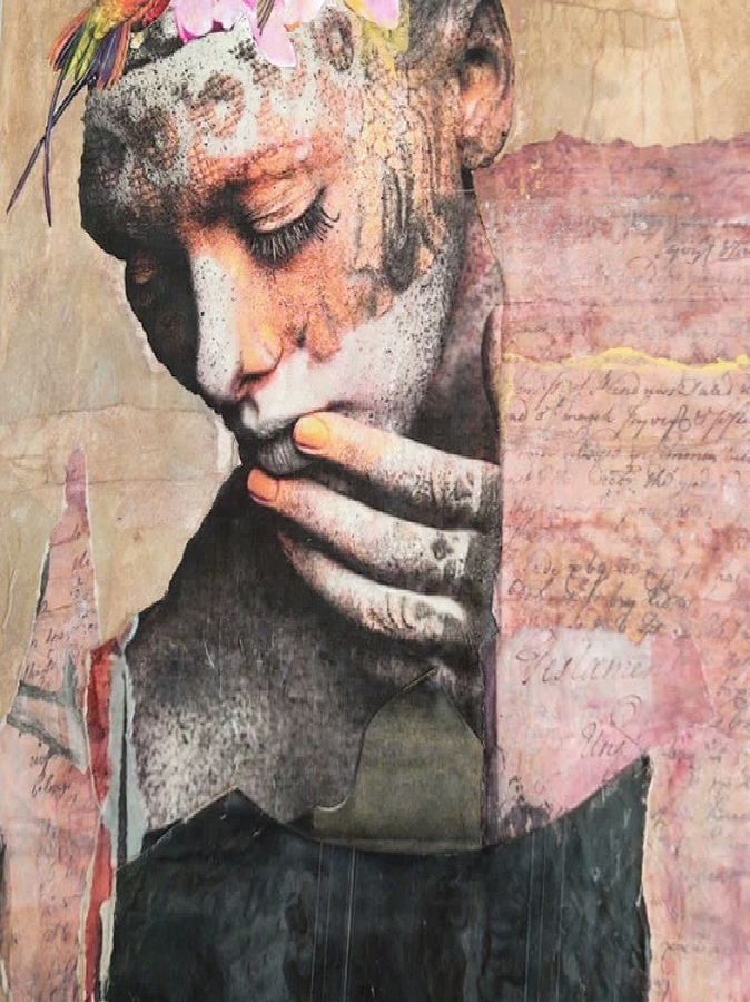 Thoughtful encaustic collage 12x16 2021 $325